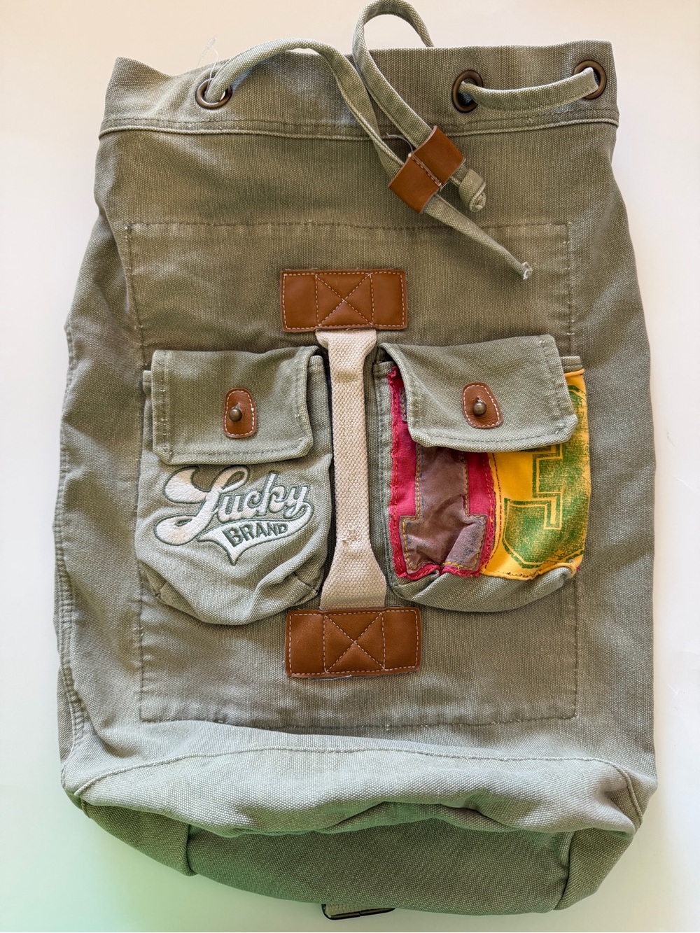 Lucky Brand Y2K Olive Canvas Backpack Patchwork Boho Utility Distressed Bag